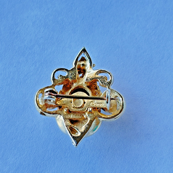 Coro signed vintage aqua blue rhinestone & faux pearl brooch pin goldtone 1" - Picture 10 of 13